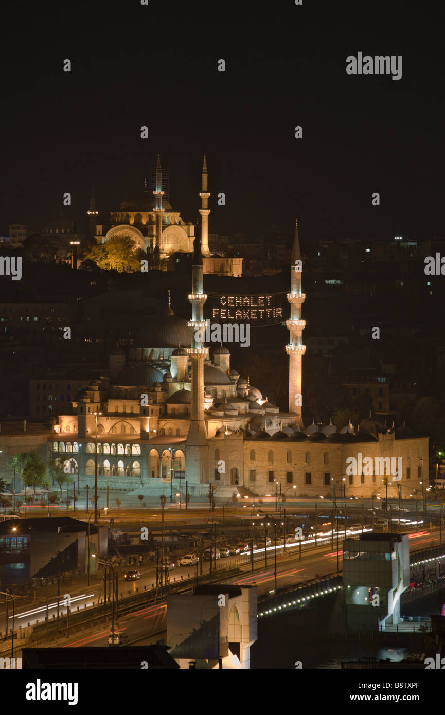 New Mosque Yeni Cami with Galata Bridge in Front and Nuru Osmaniye Mosque in Background Istanbul Turkey Stock Photo