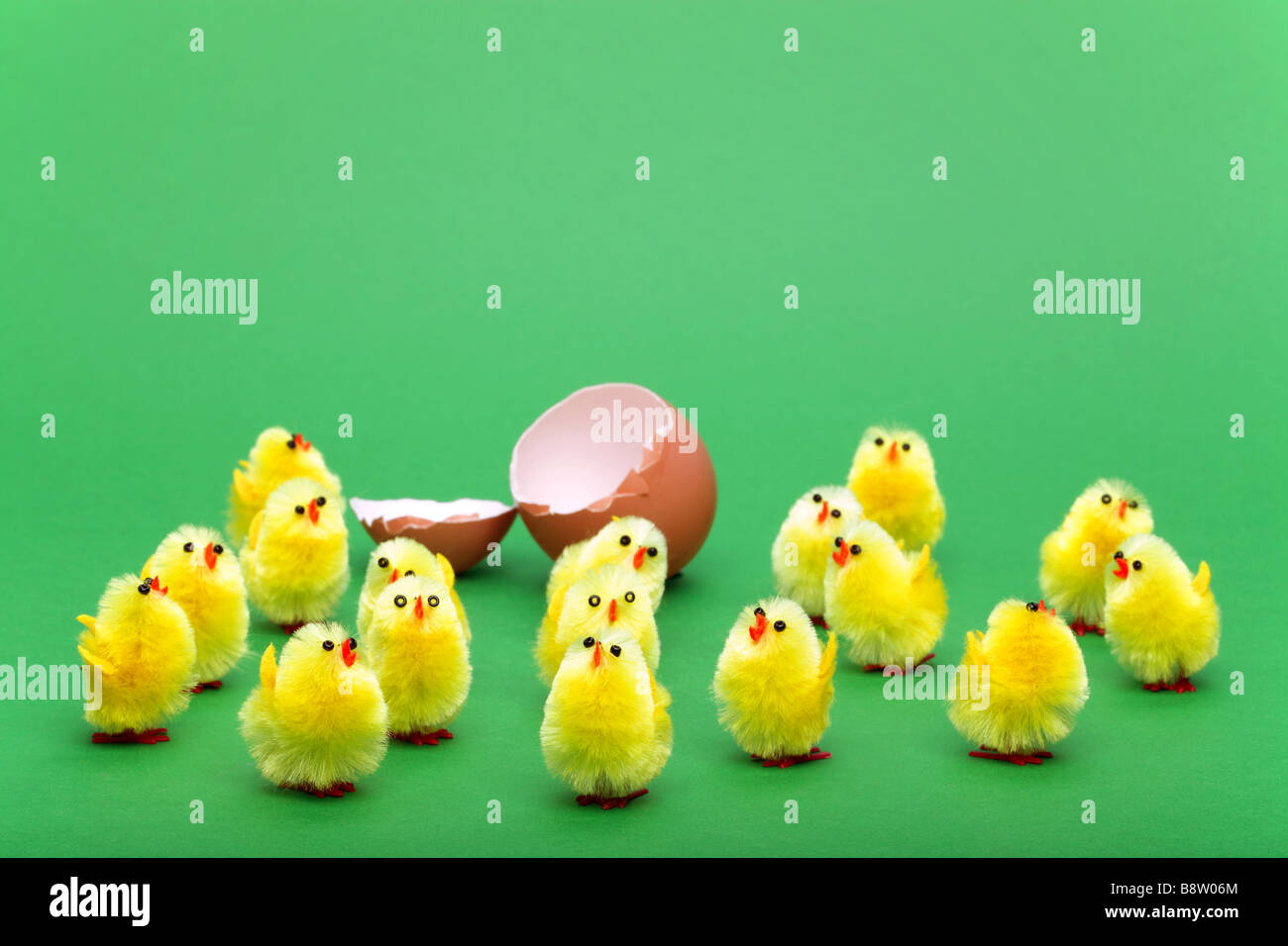 Freshly hatched toy easter chicks on a green background Stock Photo
