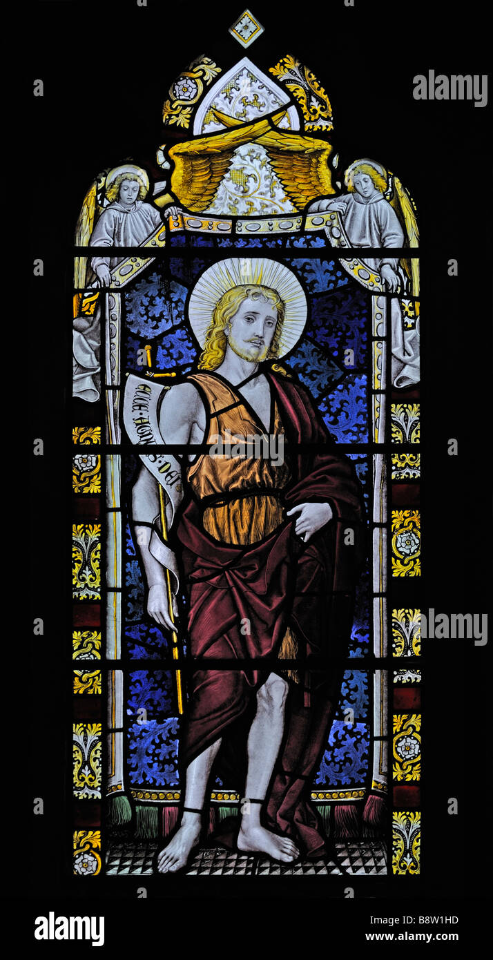 Saint John Baptist window, (detail). Holy Trinity Church, Chapel Stile, Langdale. Lake District National Park, Cumbria, England. Stock Photo