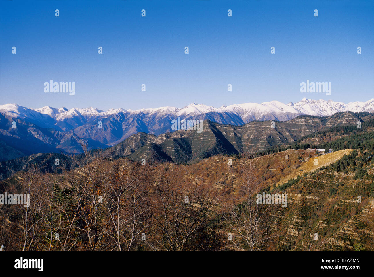 Overview of The Mercantour snowed mountains summits Stock Photo
