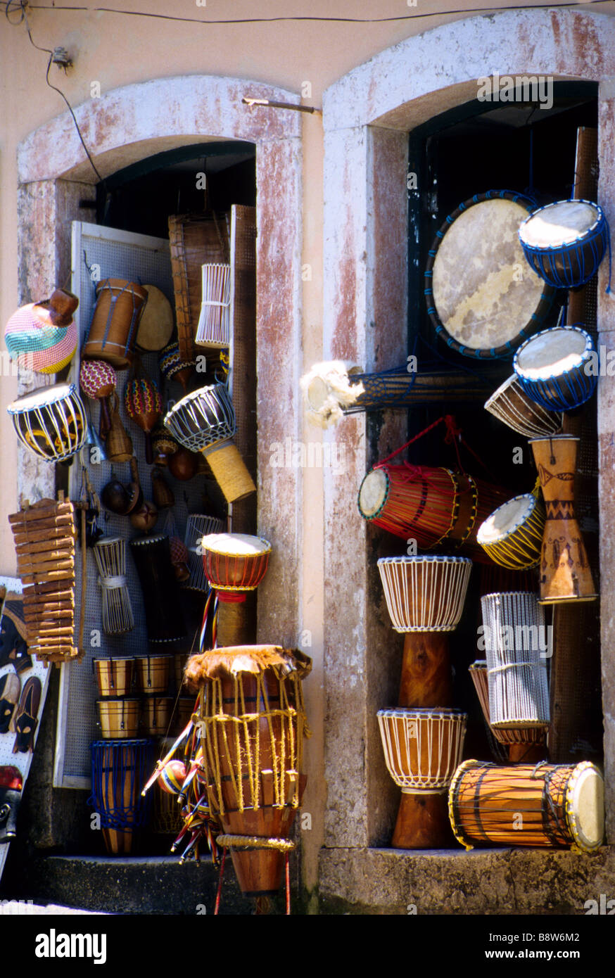 Shop selling traditional music instrument in the old district of Salvador Stock Photo