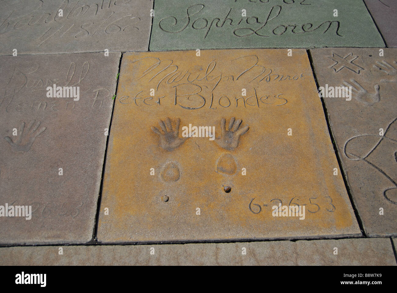 Marilyn Monroe's handprints on forecourt of TCL Grauman's Chinese Theatre, Hollywood Boulevard, Los Angeles, California, United States of America Stock Photo