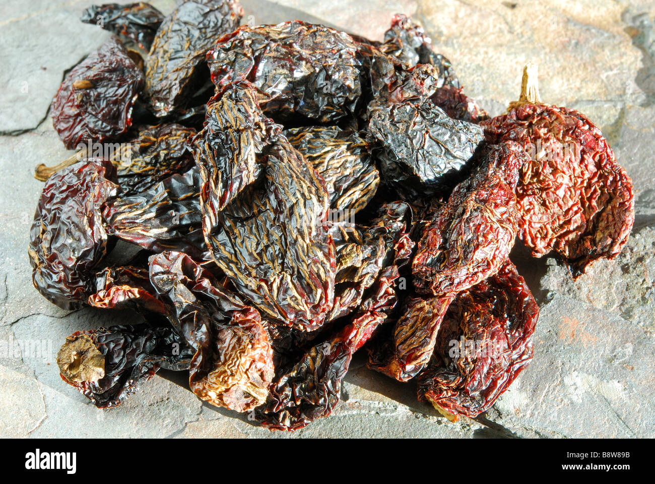 Chipotles 'Moritas'. Dried, smoked jalapeno chillies used to add a smoky heat to Mexican and TexMex dishes. Stock Photo