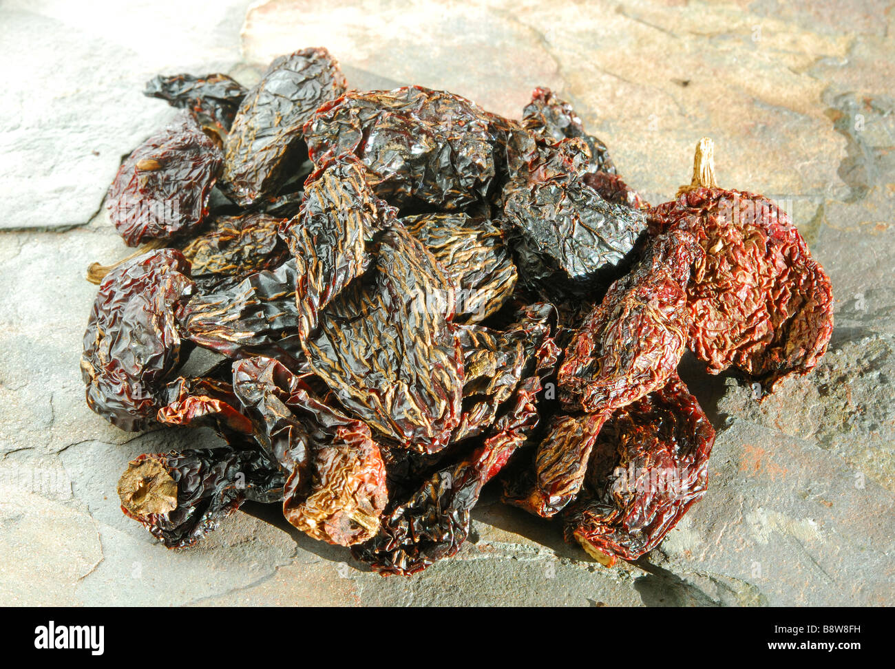 Chipotle 'Moritas'. Dried, smoked jalapeno chillies used to add a smoky heat to Mexican and TexMex dishes. Stock Photo