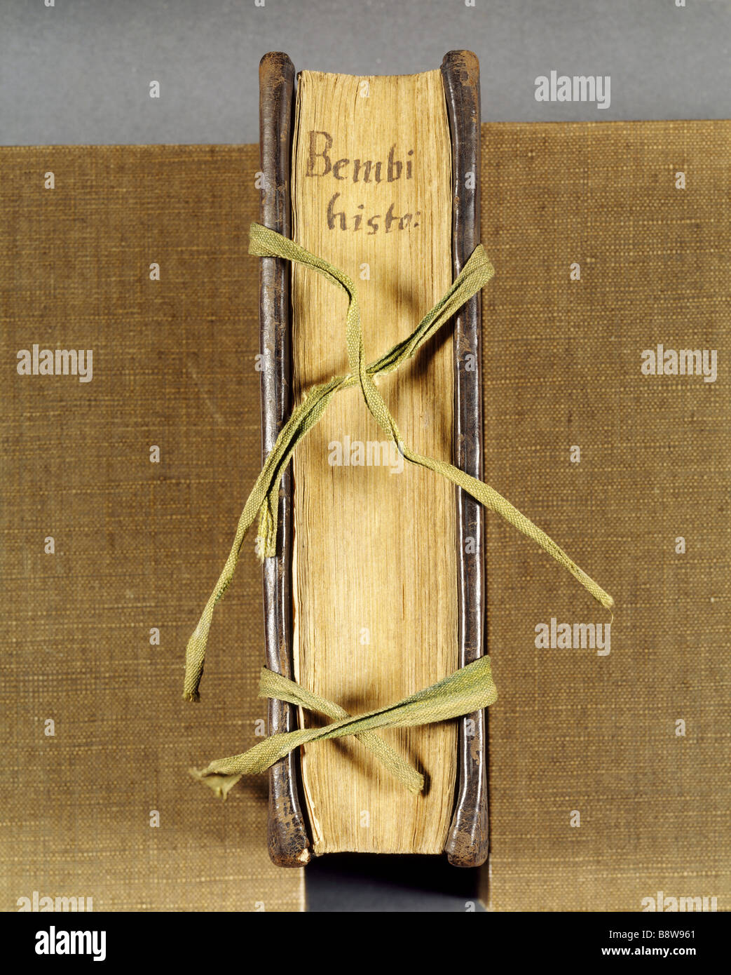 Close view of a book with a sixteenth century binding woven ties and