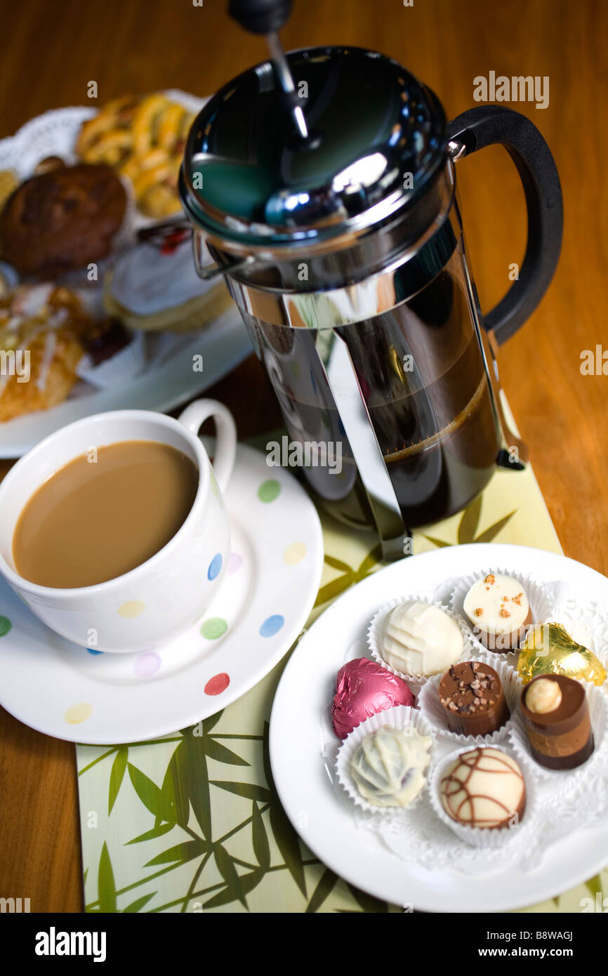 Coffee cup pot chocolates pastries Hotel Isle of Wight England UK Stock