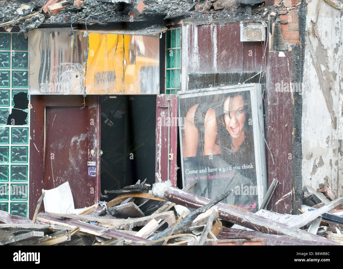 Fire damage at Yates's Wine Lodge in Blackpool, England, recently destroyed by fire in an arson attack Stock Photo