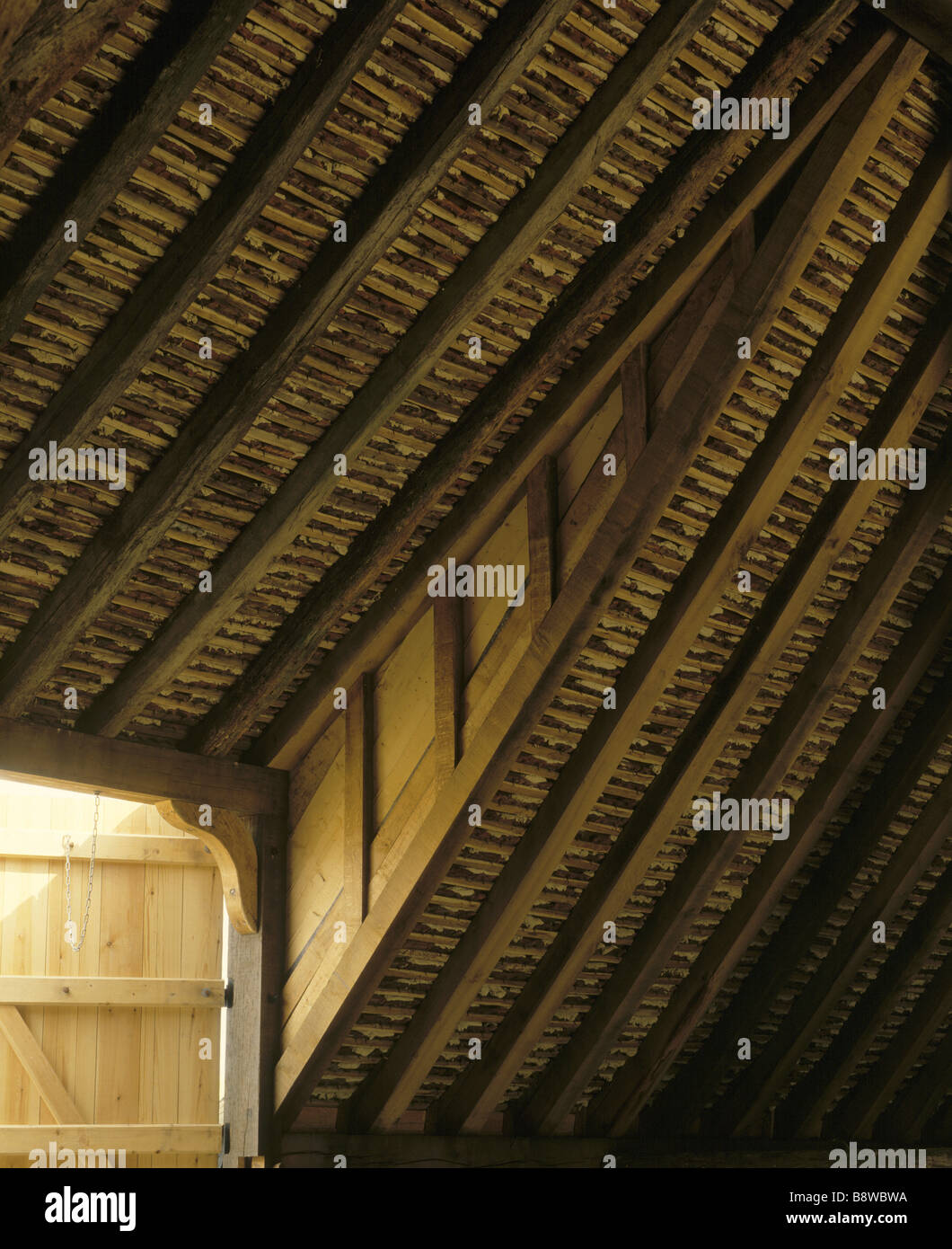 Timber Tithe Barn Inside Beams inside Coggeshall monastic tithe barn built 1140 1150 Stock Photo ...