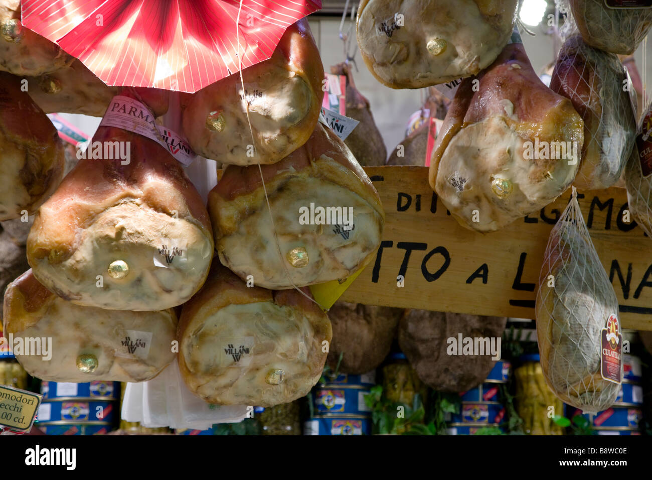 Dried meats on a butchers stall in the Mercato Centrale (Central Market ...