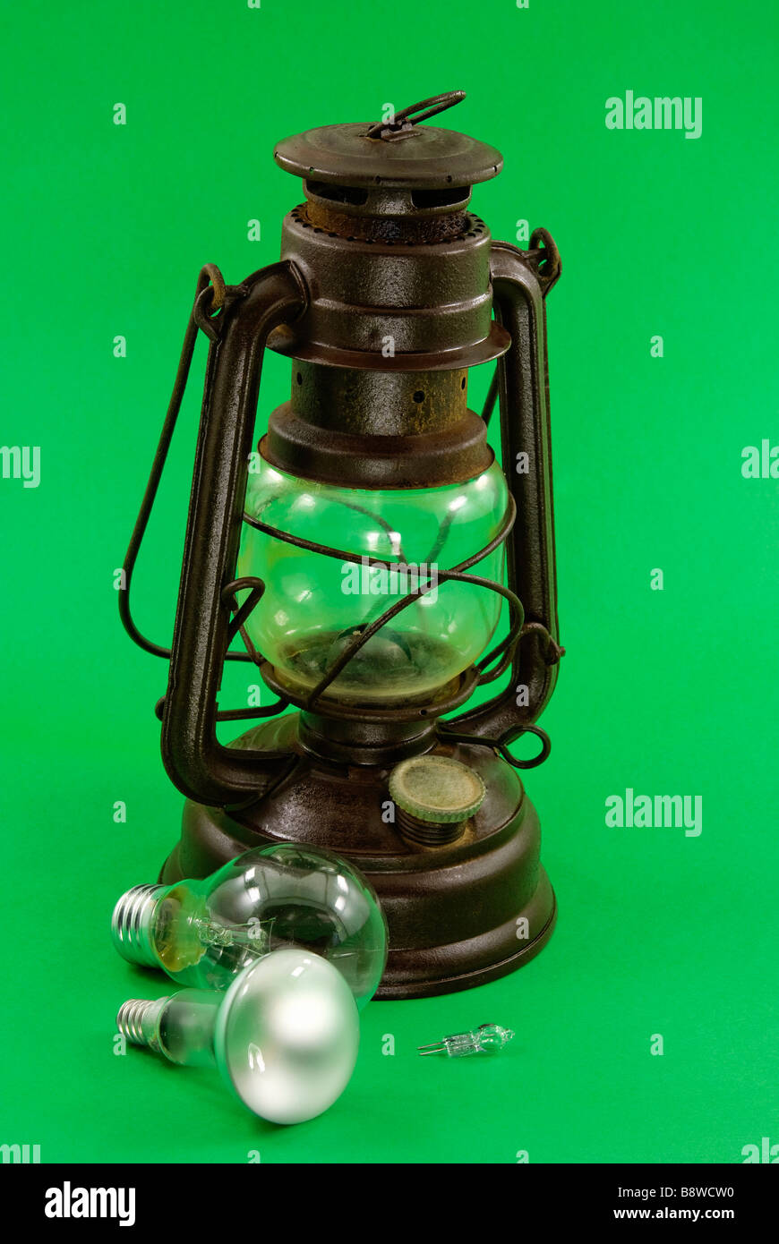 old kerosene lamps and the new incandescent lamps spiral lamps and