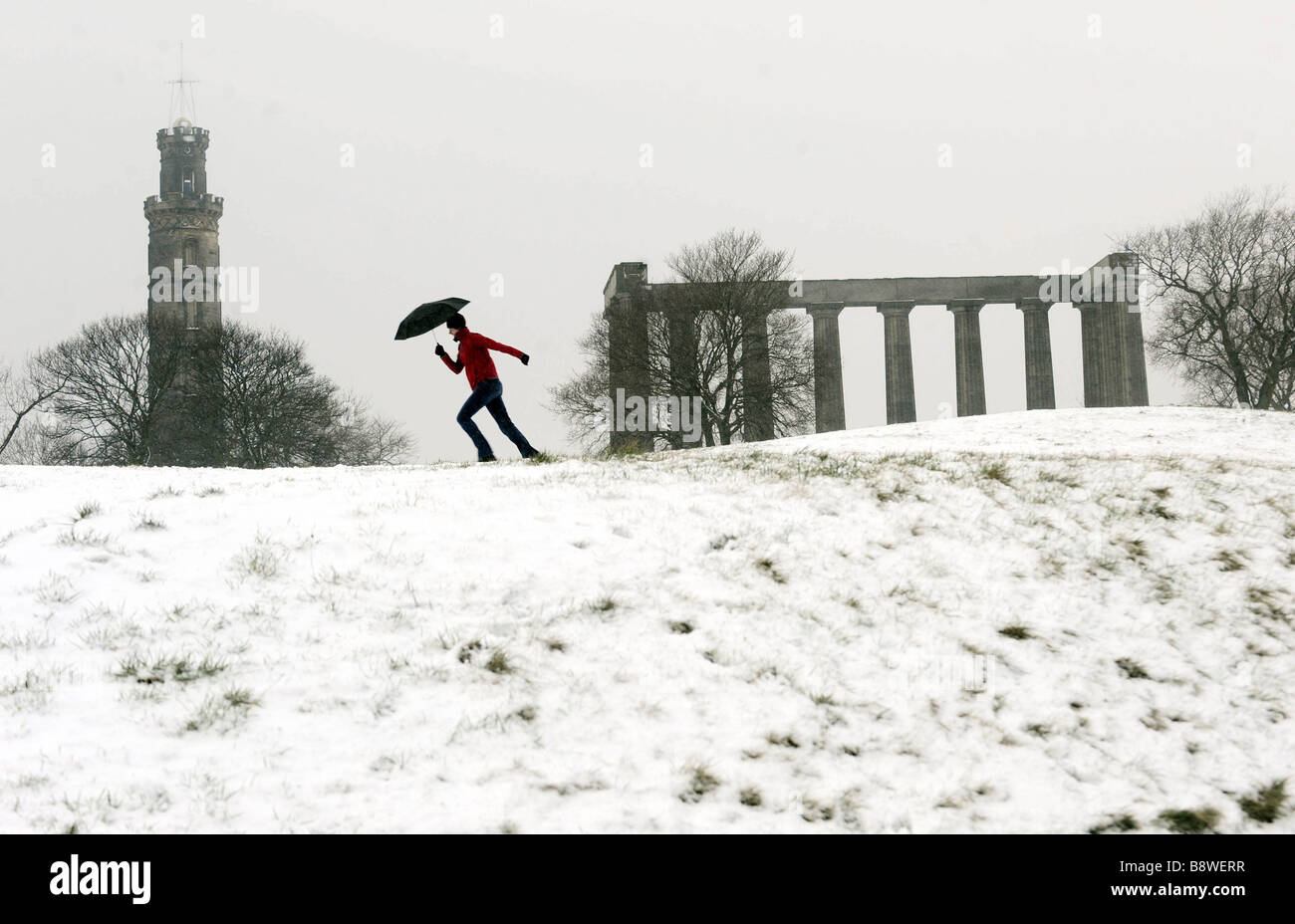 Snow covers Calton Hill in Edinburgh during some of the worst snow storms to hit Britain for decades, February 2009 Stock Photo