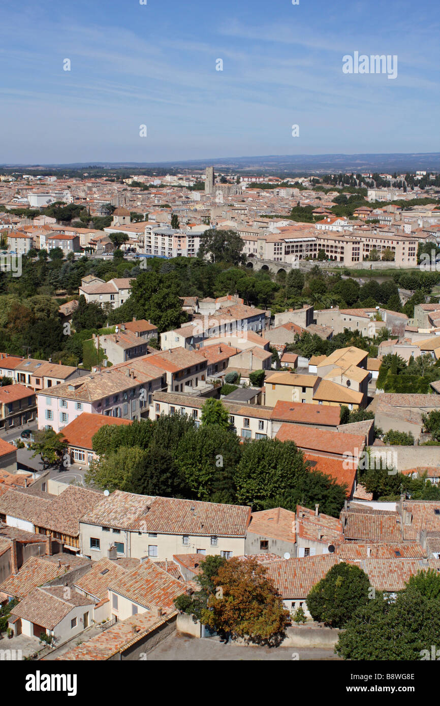 View of old city from the ramparts of the Chateau Comtal, Carcassonne, Languedoc, France Stock Photo