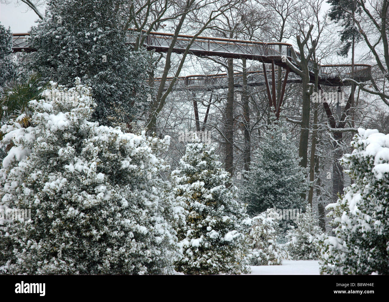 Snow covered view the aerial walkway in Kew Gardens (Royal Botanic Gardens) Stock Photo