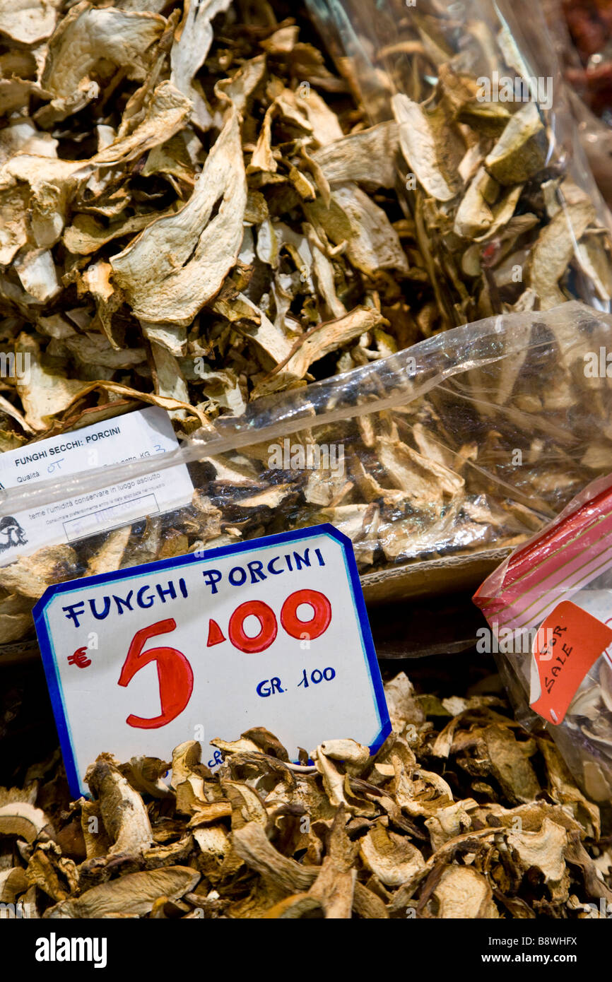 Dried mushrooms for sale in the Mercato Centrale (Central Market) Florence, Italy. Stock Photo