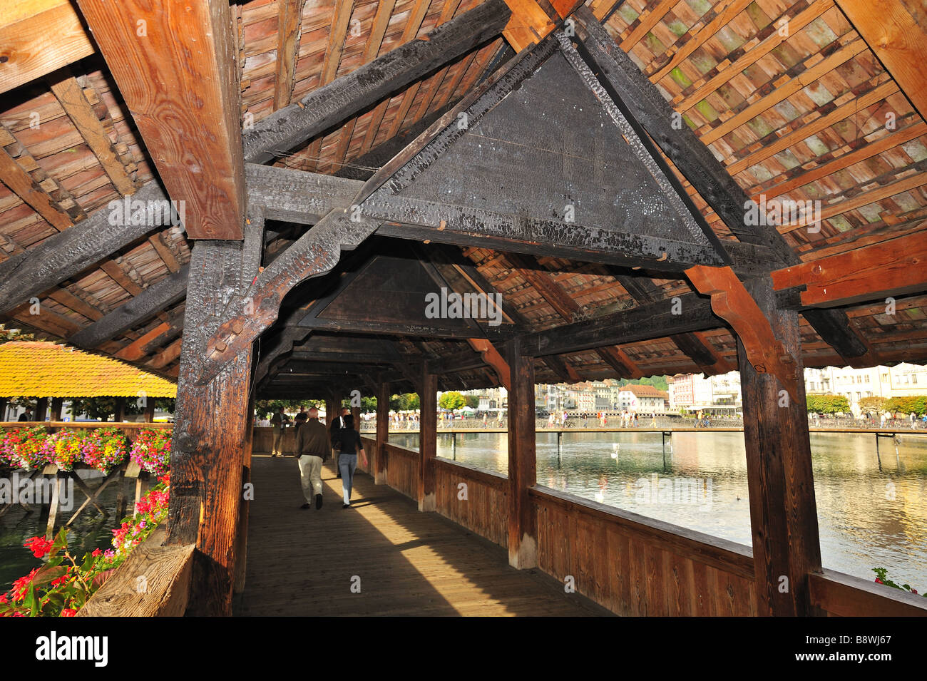 Fire damage to the historic Kapellbrucke (Chapel Bridge) in Lucerne