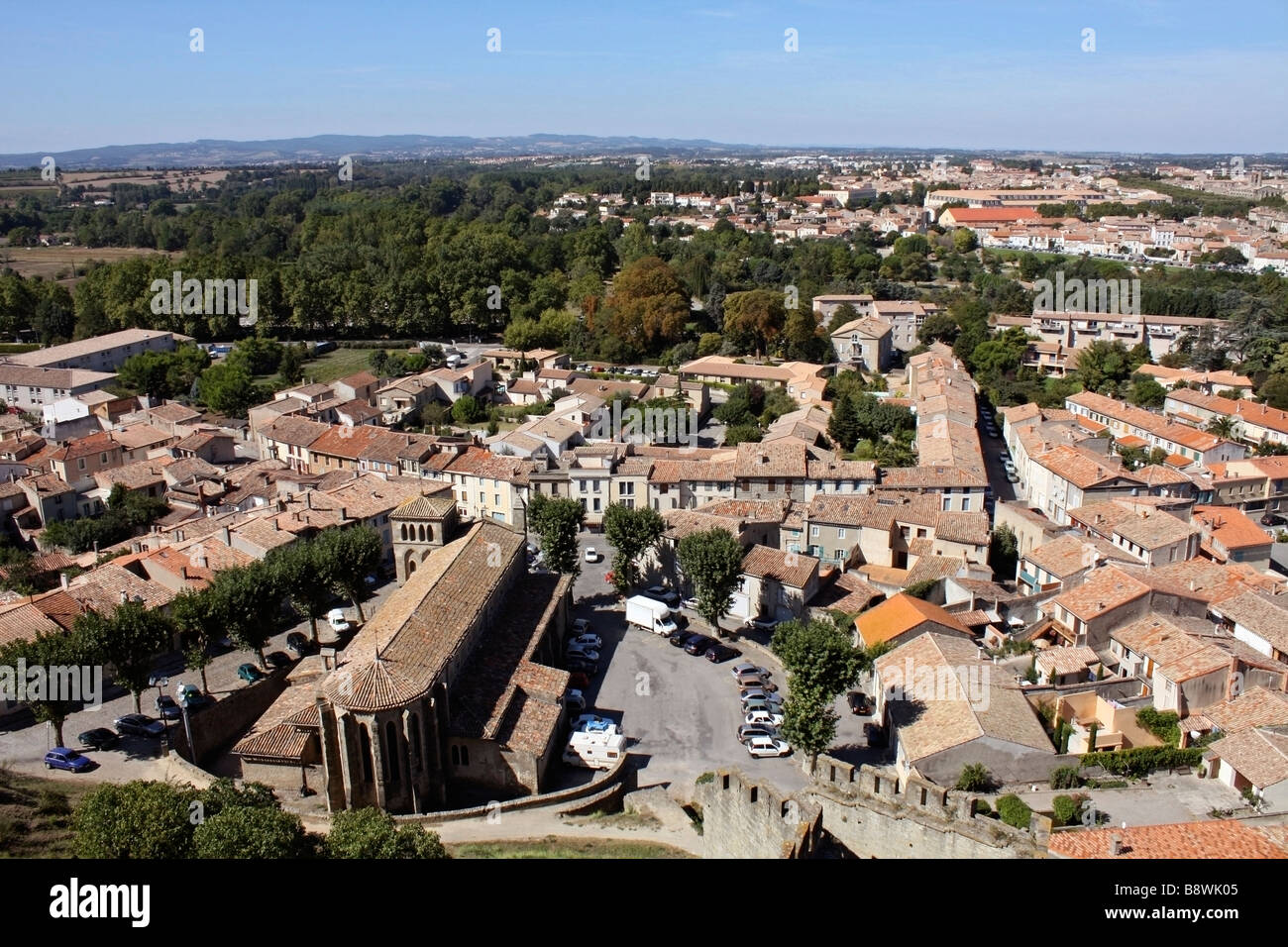 View of old city from the ramparts of the Chateau Comtal, Carcassonne, Languedoc, France Stock Photo