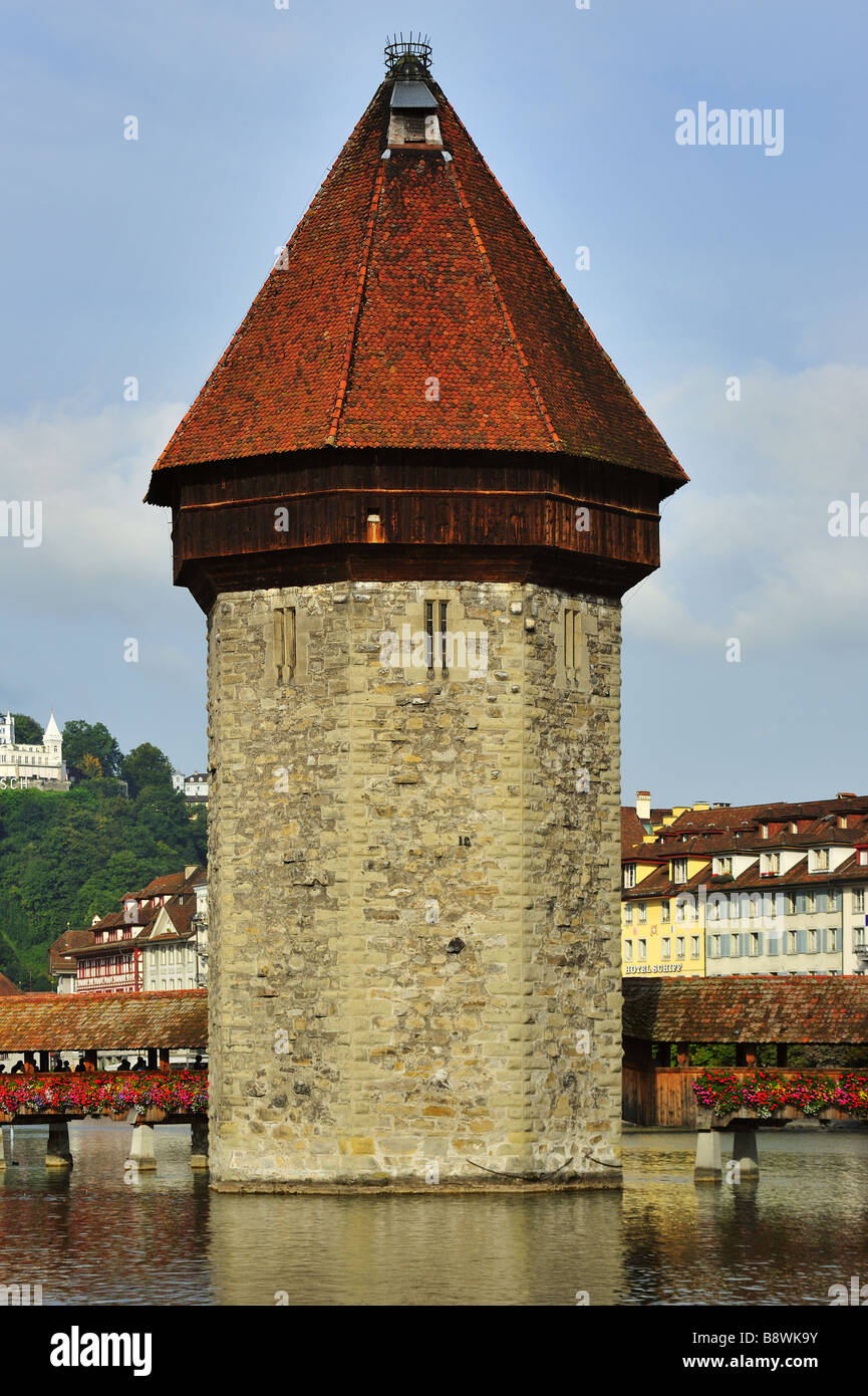 The Wasserturm (Water Tower)  beside the Kapellbrucke (Chapel Bridge) in Lucerne Switzerland Stock Photo
