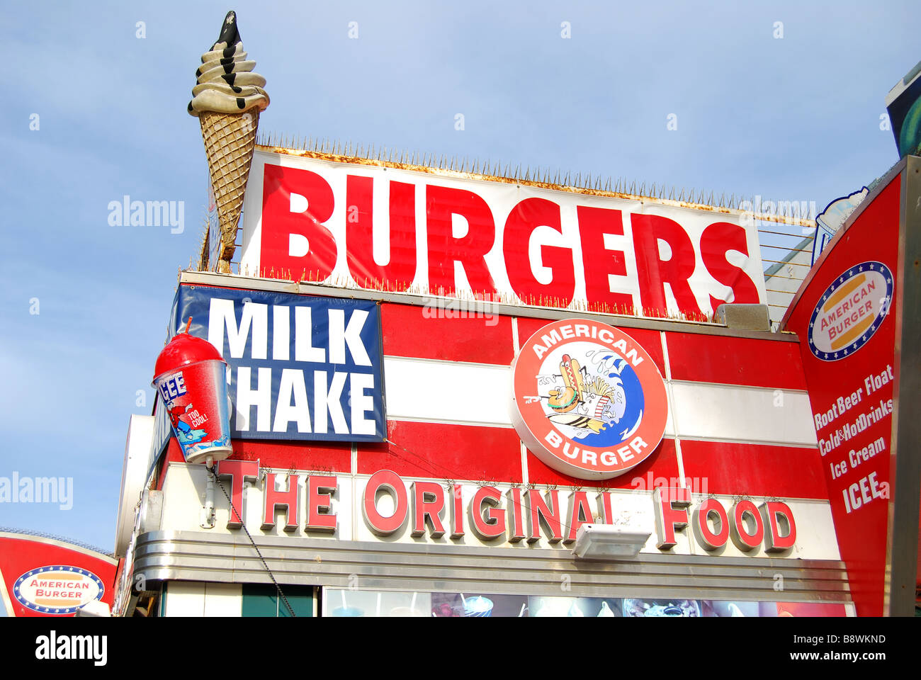 American Burger bar, Ocean Front Walk, Venice Beach, Los Angeles, California, United States of America Stock Photo