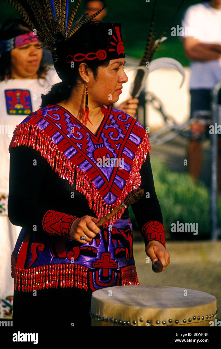 Hispanic woman, playing drums, drummer, drumming, Danza Azteca, Cinco ...