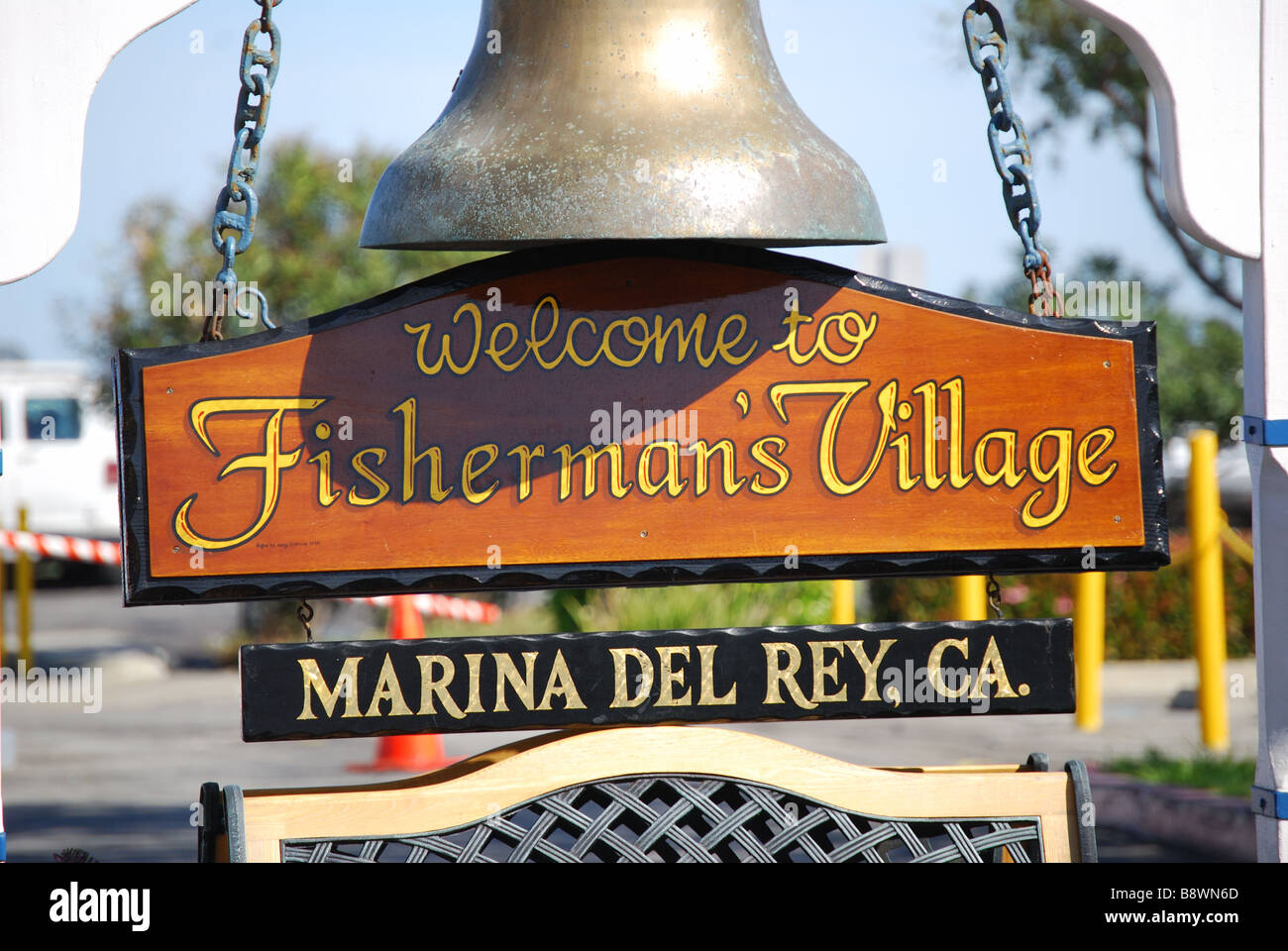 Entrance sign, Fisherman's Village, Marina del Rey, Los Angeles, California, United States of America Stock Photo