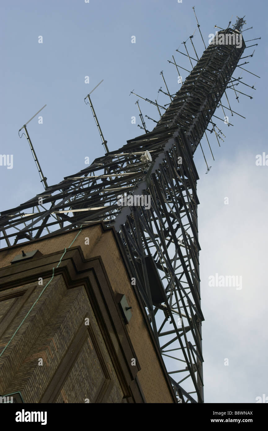 Under view of the transmitter tower on Alexandra  Palace, North London. Site of the first TV transmission. Stock Photo