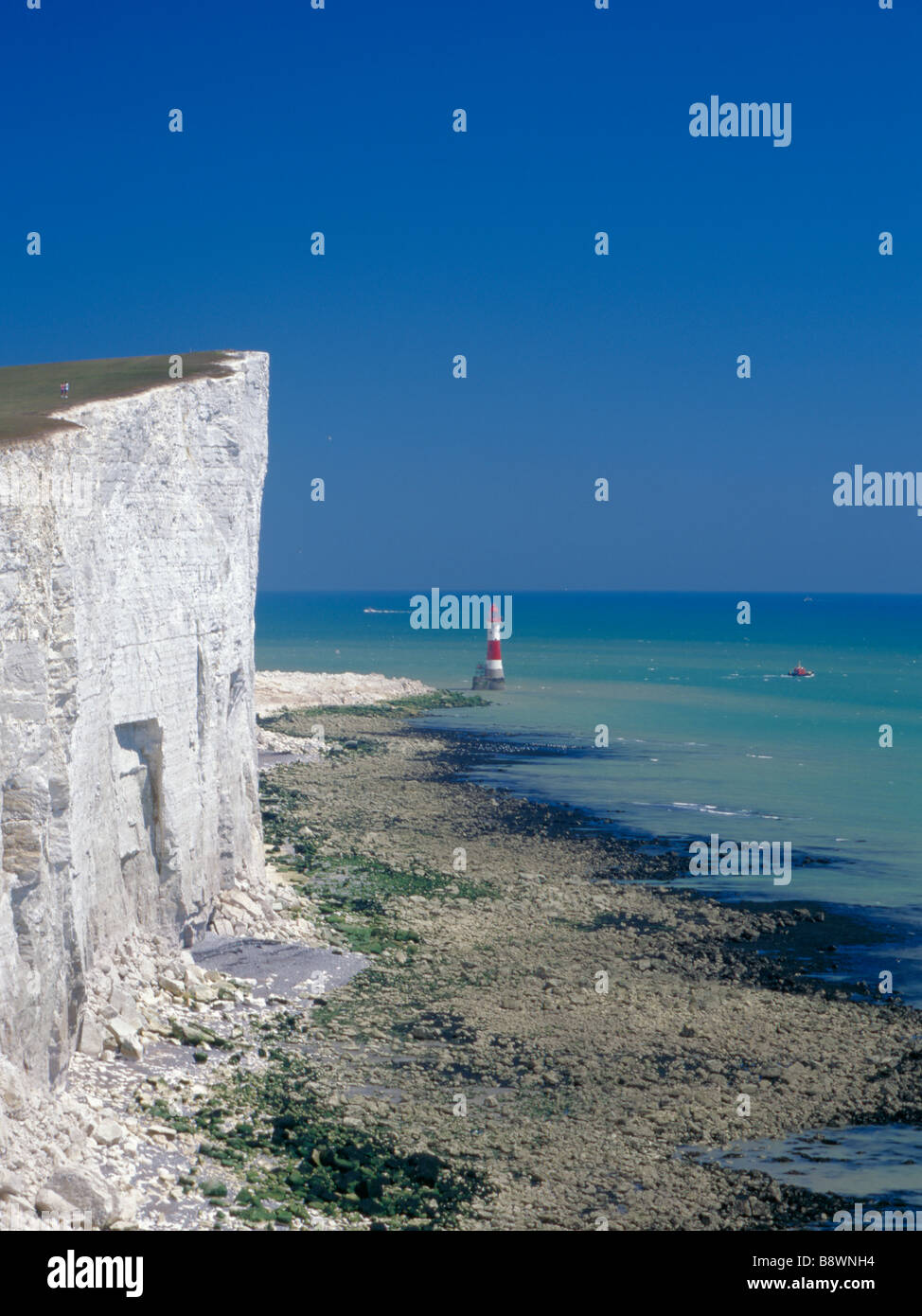 The white chalk cliffs of Beachy Head and lighthouse, South Downs
