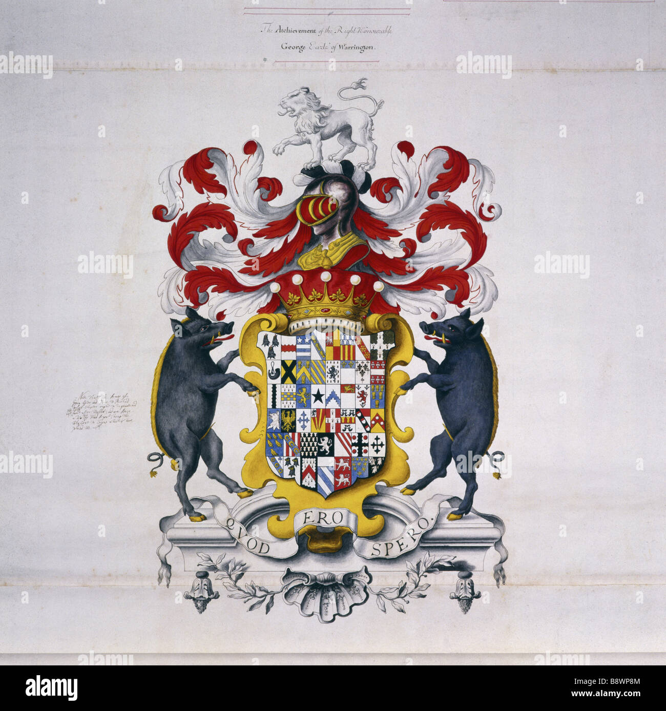 A scroll showing the heraldic achievement of George Booth the 2nd Earl of Warrington drawn in 1711 Stock Photo