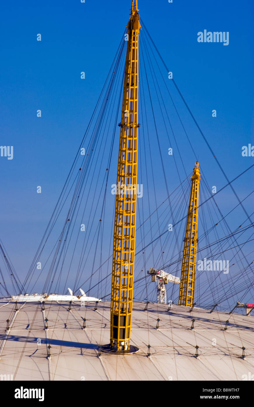 Yellow support mast of O2 arena, London, England, UK Stock Photo