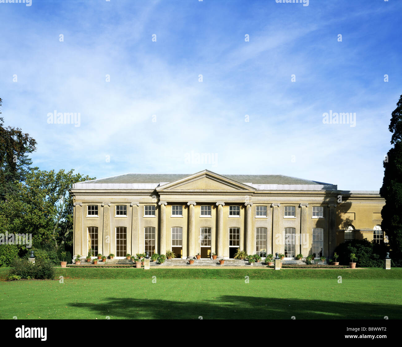 The Orangery at Ickworth House in Suffolk with pots arranged on the