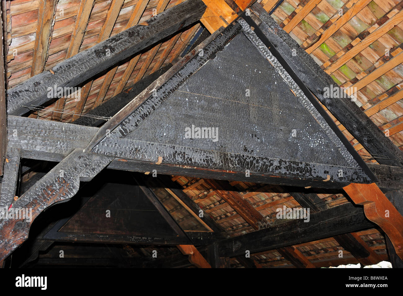 Fire damage to Kapellbrucke Bridge (Chapel Bridge), Lucerne