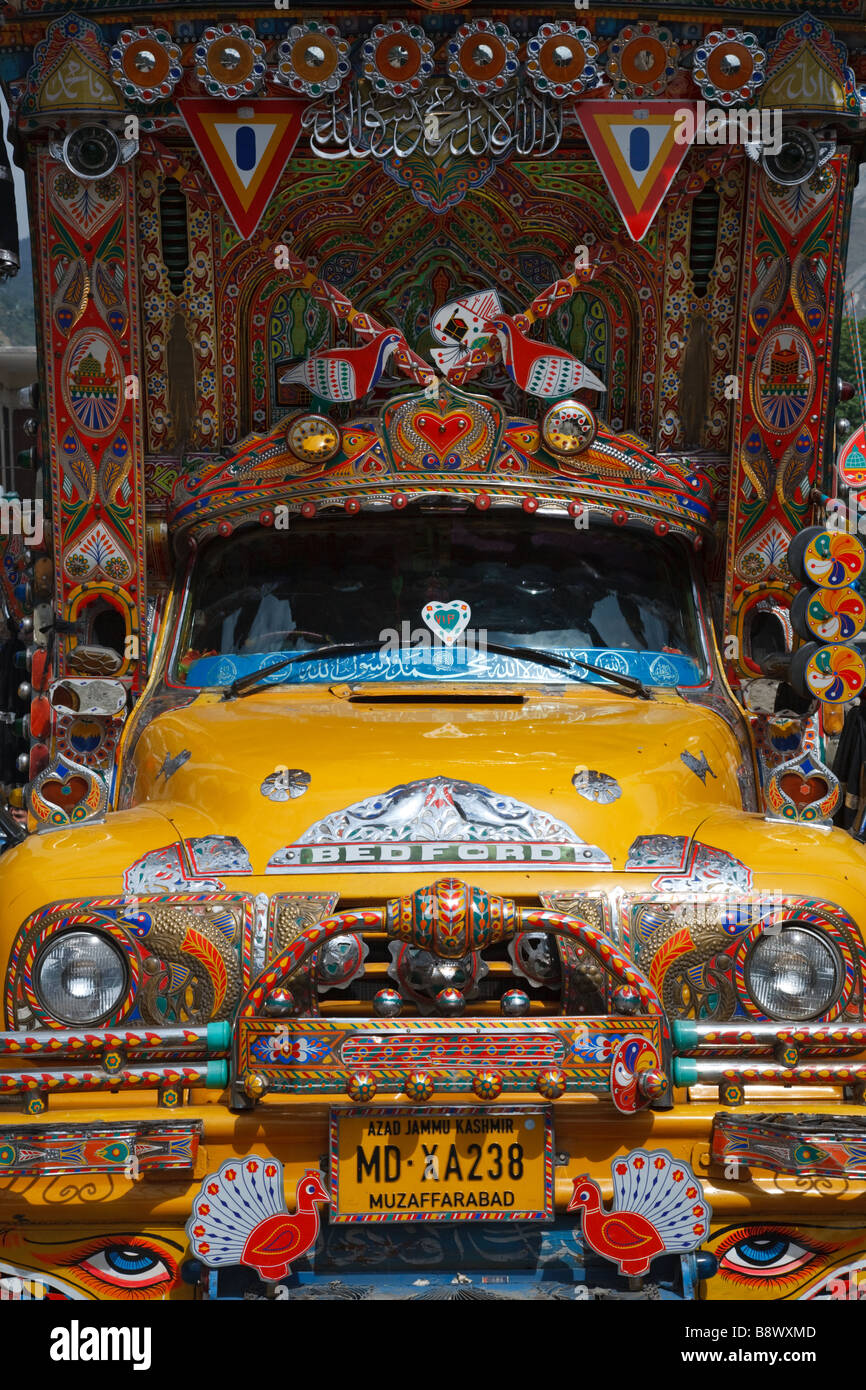 Typical richly decorated truck in Muzaffarabad, Pakistan Stock Photo