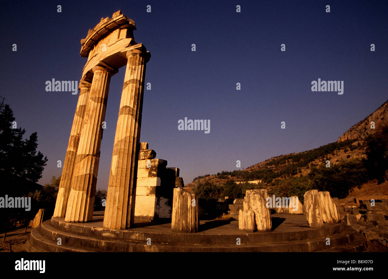 Low angle view of the ruins a temple, The Tholos, Delphi, Greece Stock Photo