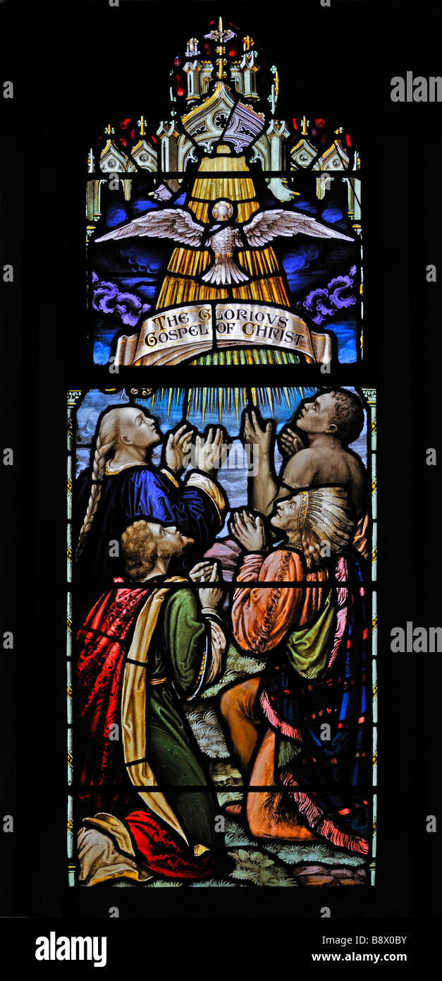 The Four Races of Man window. Holy Trinity Church, Chapel Stile, Langdale. Lake District National Park, Cumbria, England, U.K. Stock Photo