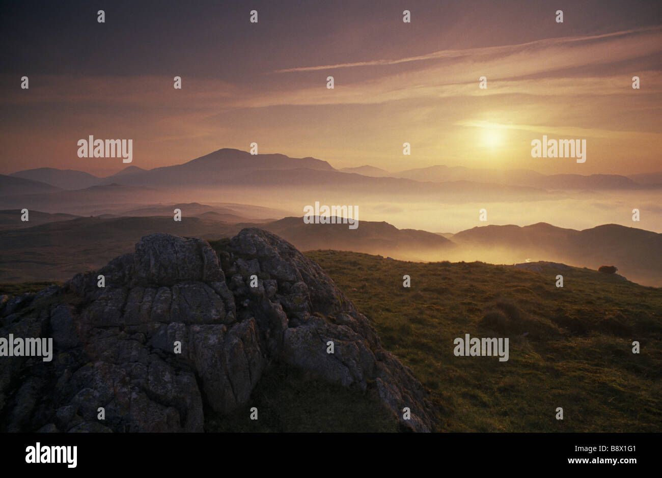 Eskdale Scafell from Blea Tarn Hill near Boot at Dawn with rock in ...