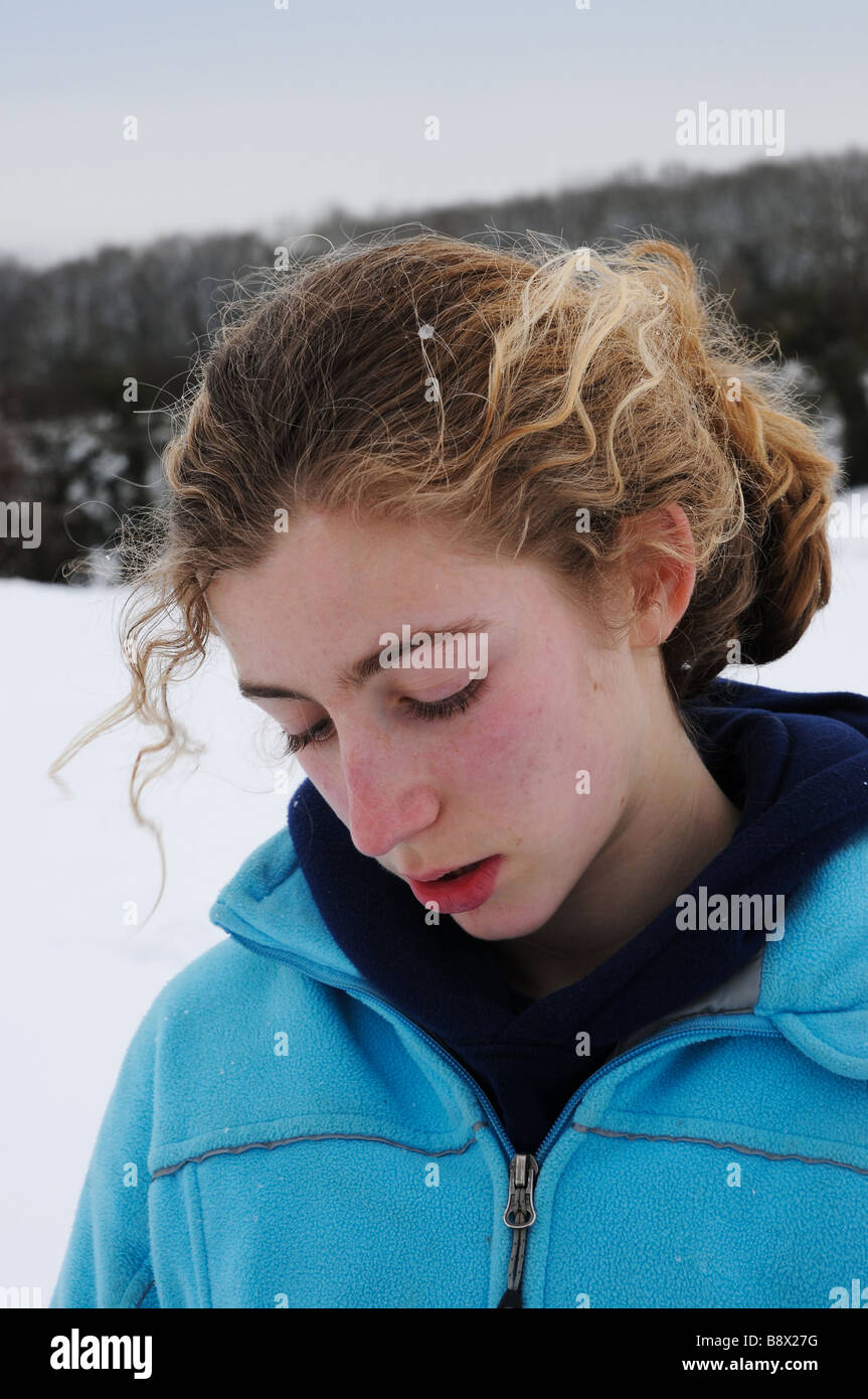 closeup portrait of teenager in the winter Stock Photo