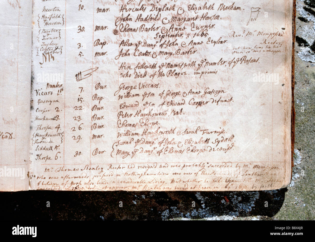 Parish church records for 1665 cite the first Black Death mortalities in the plague village of Eyam, Derbyshire, England. Stock Photo