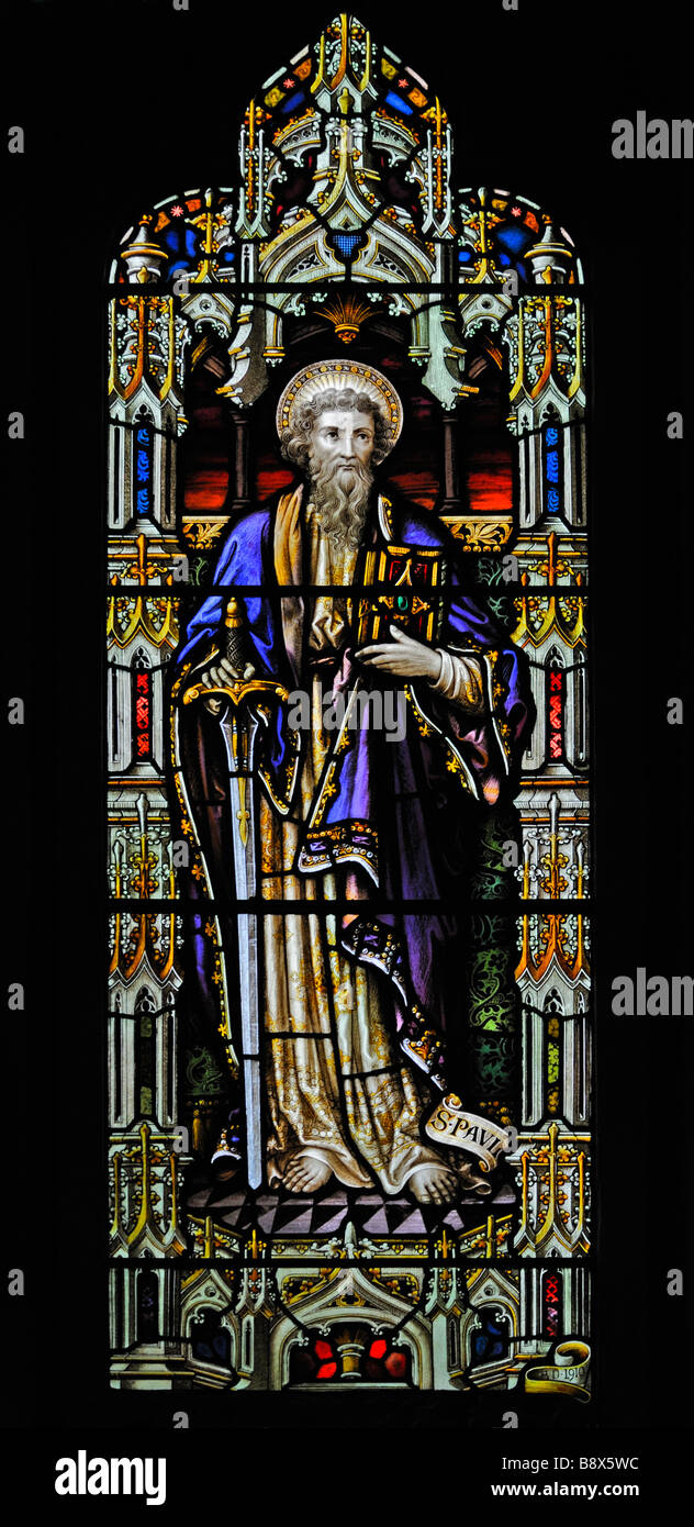 Saint Paul window. Holy Trinity Church, Chapel Stile, Langdale. Lake District National Park, Cumbria, England, U.K., Europe. Stock Photo