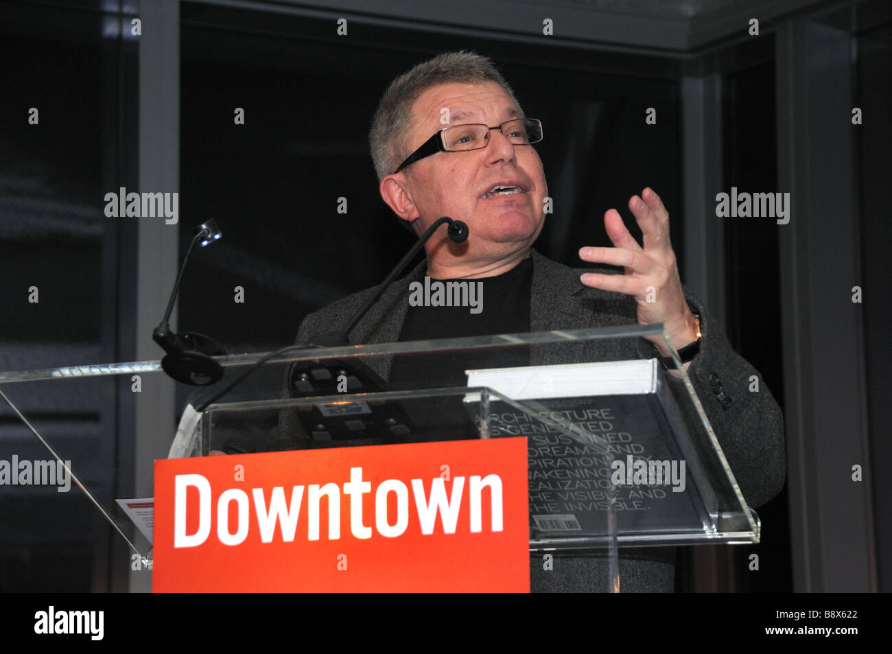 Architect Daniel Libeskind, who designed the master plan for rebuilding the World Trade Center, talking about his work. Stock Photo