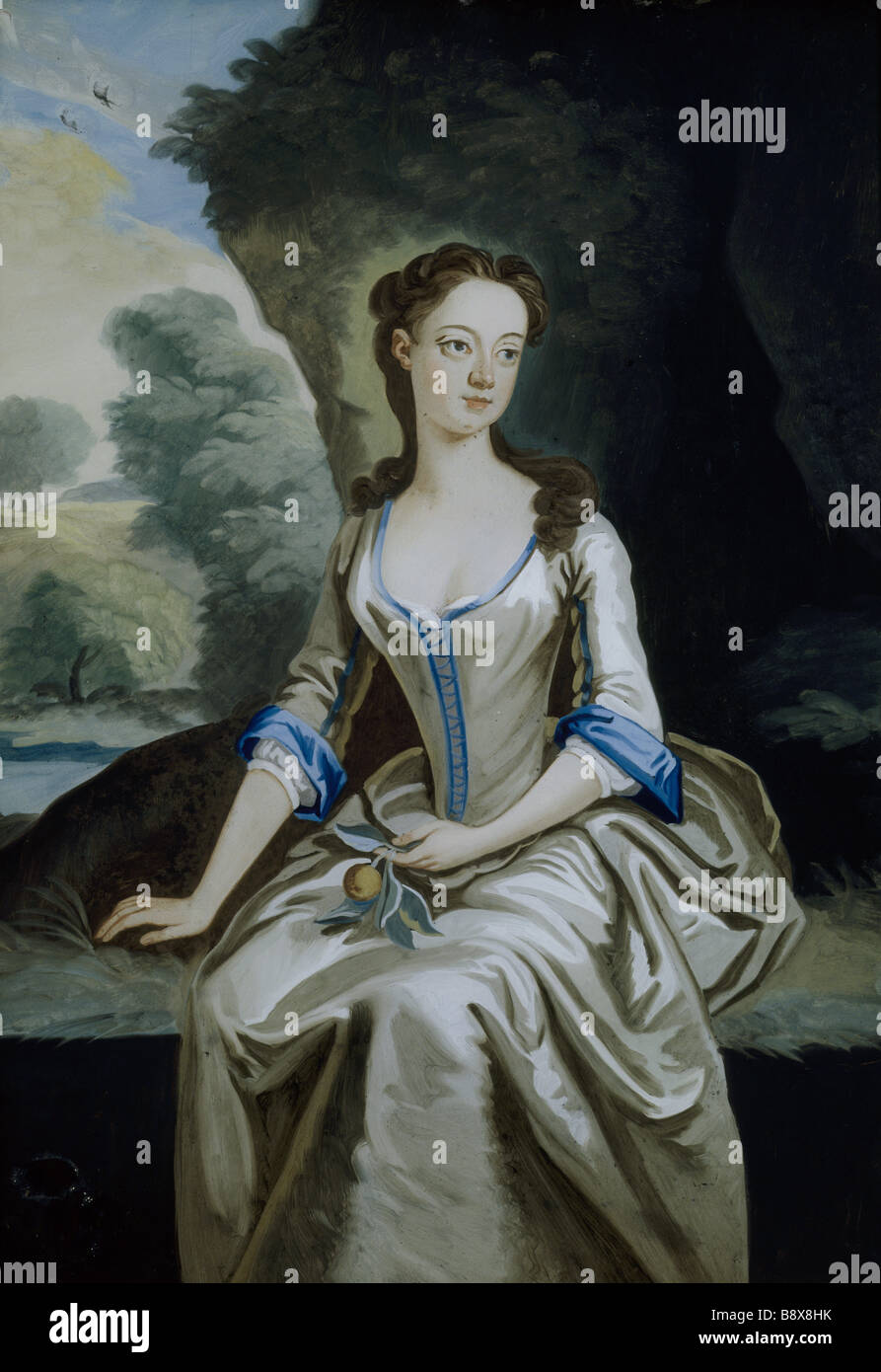 An eighteenth century picture of a lady painted on glass hanging in the Drawing Room at Fenton House Stock Photo