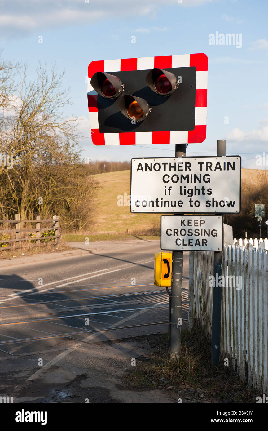 Signage And Warning Traffic Lights At A Train Railway Crossing Kirkby In Ashfield Nottinghamshire England Stock Photo Alamy