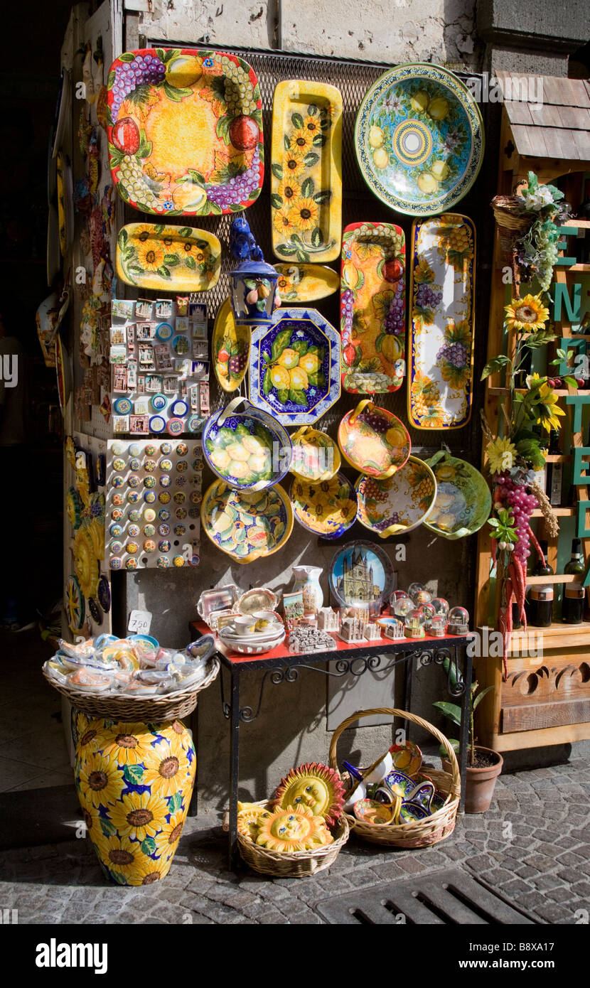 Ceramic Souvenir Plates/Plaques displayed outside a shop in Orvieto, Umbria Stock Photo