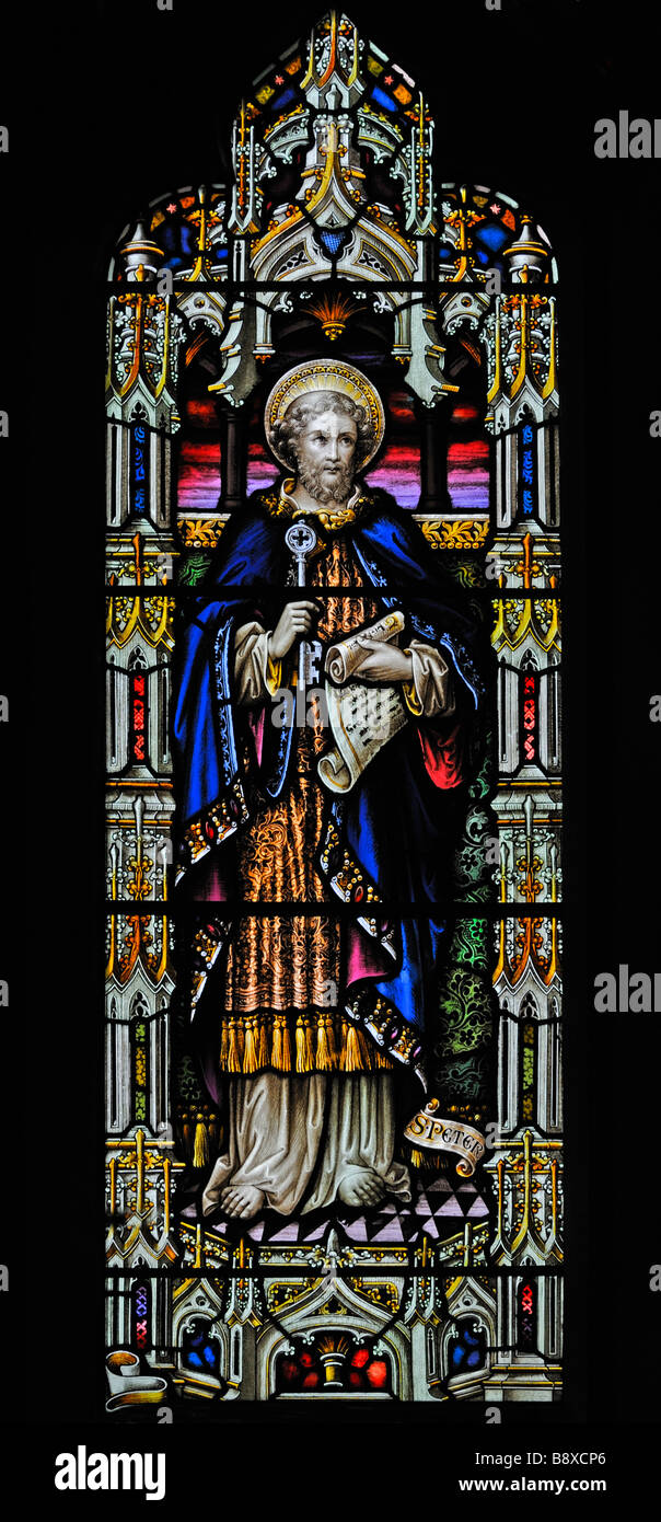 Saint Peter window, (detail). Holy Trinity Church, Chapel Stile, Langdale. Lake District National Park, Cumbria, England, U.K. Stock Photo
