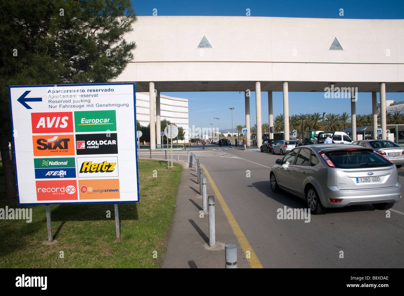 Europe Spain Balearic Islands Majorca airport Son Sant Joan Signpost for rental cars Entrance to the parking Stock Photo