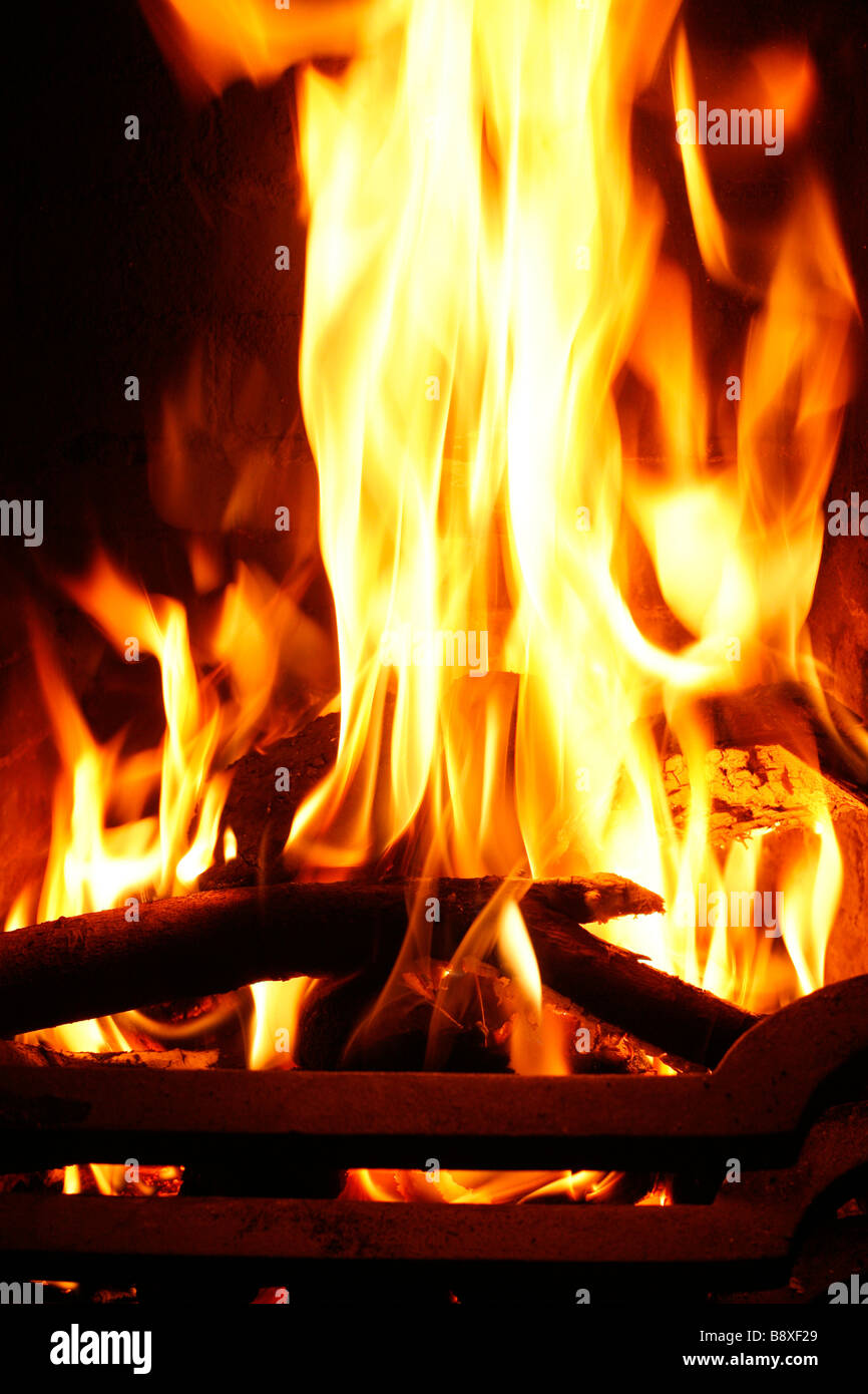Flames leap from an open fire burning coal and wood Stock Photo Alamy