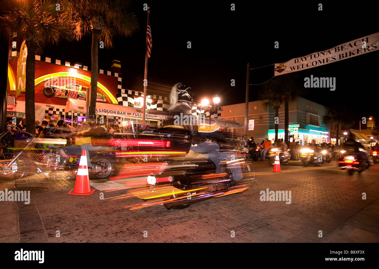 Main Street Daytona Beach Florida USA at night Bikeweek 2009 Stock