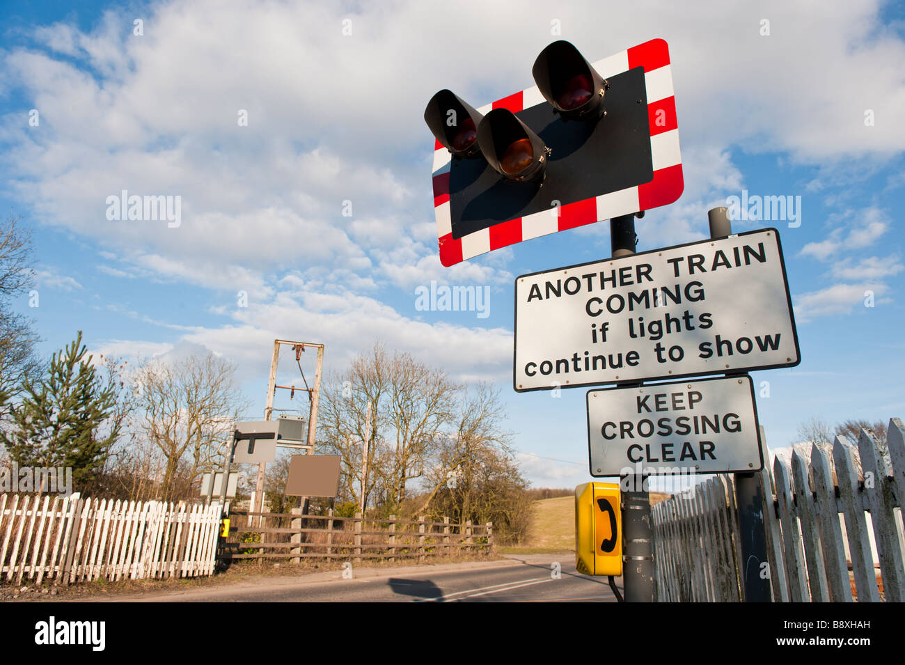 Signage at a train railway crossing. Kirkby In Ashfield, Nottinghamshire, England. Stock Photo