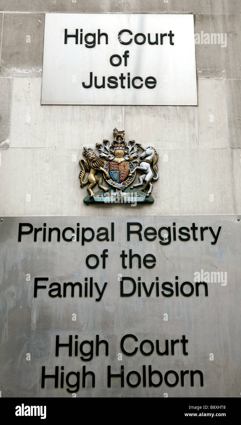 Gv of the sign at the High Court of Justice, Family Division in High Holburn, London, UK. Stock Photo