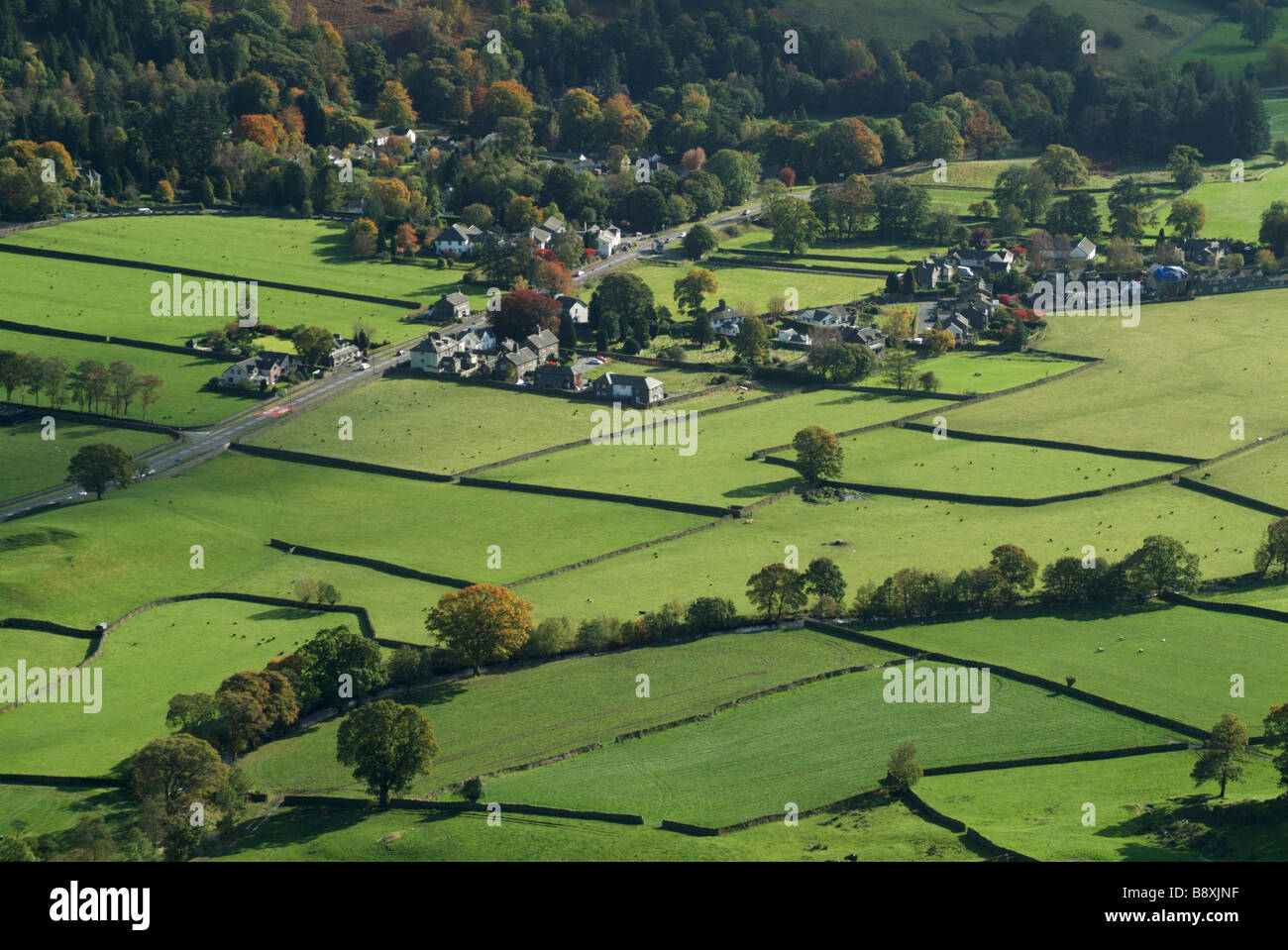 Aerial view of the Rothay Valley and the north end of Grasmere Village, Lake District, Cumbria, England, UK. Stock Photo