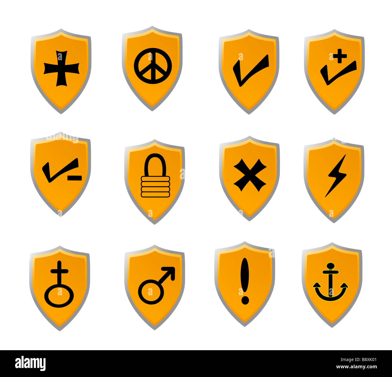 Orange shield icon set with black icons of various popular signs and