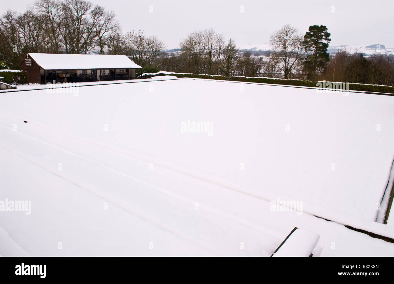 Bowling Club under snow in Llandrindod Wells Powys Mid Wales UK Stock Photo